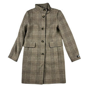 DKNY Elegant Stand Collar Outwear Wool Blend Coat Check Brown Size XS